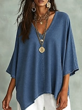  Camisa boho para mujer, estilo denim, casual, color liso, bohemia, vacaciones, uso diario, manga corta, cuello en V, crop tops, casual, diario, vacaciones, azul, negro, azul claro, verano, primavera