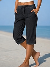  Dam Jeans Denim Capribyxor Kinesiska Semester Grundläggande Ledigt Knelängd Medium Midja Slät Ficka Elastisk midja Komfort Andningsfunktion Dagligen Utomhus Semester Blå Svart Marinblå Sommar Vår Lös