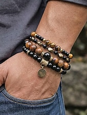 voordelige Heren sieraden-Herenarmbandset met drie lagen tijgeroogsteen, natuurlijke tijgeroogsteen &amp;Legeringskralen, gelaagde vintage herensieraden voor zomervakanties, muziekfestivals en casual dagelijks gebruik.