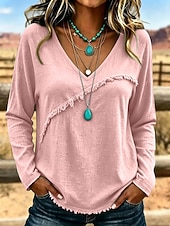  camicetta da donna a maniche lunghe con scollo a V e frange diagonali, orlo sfrangiato e texture stropicciata, stile western casual.