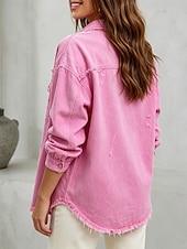  Blusa feminina estilo jeans com bolsos e botões, cor sólida, elegante, para férias, estilo vintage, manga longa com gola dobrada, modelo regular, casual, para uso diário, ao ar livre, nas cores preto, rosa, vermelho, cáqui, verde militar, para outono e in