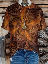 abordables T-shirt Boho-Camiseta de mujer estilo western boho con estampado floral, gráfico geométrico, vintage, elegante, informal, manga corta, cuello redondo, cuello en V, crop tops, casual, diario, fin de semana, verde