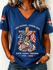  American Independence Day Women's T Shirt Print Graphic Flag Letter Vintage Stylish Classic Short Sleeve V Neck Long Tops Casual Daily Blue Light Beige Red Summer Spring
