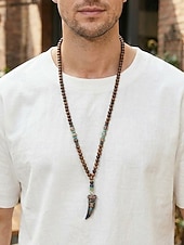 abordables Joyas para hombres-Collar con colgante de cuerno en forma de media luna de estilo bohemio para hombre, cadena larga de cuentas de madera, aleación étnica tribal. &amp;Collar llamativo de cuentas de madera, joyería vintage