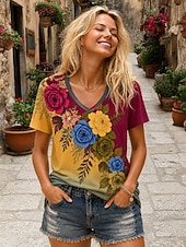 Women's Boho T-shirt Summer Tops Floral Graphic Plants Elegant Bohemia Vintage Short Sleeve V Neck Regular Tops Casual Daily Sports Blue Pink Red Summer Spring