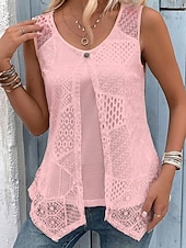 baratos Tanque Simples-Mulheres Malha Íntima Renda Tecido à moda Casual Sem Manga Gola Redonda Tops regulares Casual Diário Branco Rosa Rosa empoeirada Verão Primavera