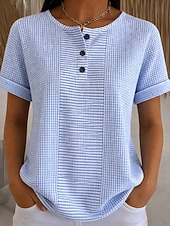  T-shirt waffle per donna stampa bottoni sul petto grafica geometrica a quadri stilosa classica moderna a maniche corte Henley top lunghi quotidiani blu giallo rosa rosso viola chiaro estate primavera