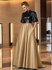 cheap A-Line Evening Dresses-A-Line Sweep Brush Train Evening Gown Elegant Glittering Sparkle Short Sleeve High Neck Wedding Formal Pocket Satin with Pleats Sequin