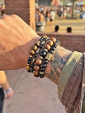 voordelige Heren sieraden-Herenarmbandset met drie lagen tijgeroogsteen, natuurlijke tijgeroogsteen &amp;Legeringskralen, gelaagde vintage herensieraden voor zomervakanties, muziekfestivals en casual dagelijks gebruik.