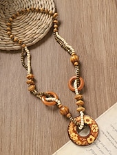 baratos Colar Feminino-Colar feminino boêmio com pingente de madeira, longo, com contas, estilo statement, com pingente de elefante, peixe e flores. Joia artesanal em madeira, ideal para férias, praia, festivais, viagens e