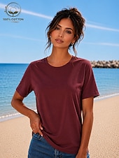 cheap Plain tee-Women's T Shirt Summer Tops Cotton Shirt Tee Top Solid Color Fashion Stylish Basic Short Sleeve Crew Neck Round Neck Regular Tops Casual Daily Beach Blue Khaki Indigo Green with beige Black Summer