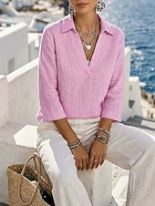  Per donna Cotone lavato Camicia di lino Testurizzato Vintage Manica 3/4 Colletto a Camicia Bianco Nero Rosa Primavera, Autunno, Inverno, Estate