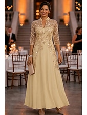 cheap Ankle Length-A-Line Ankle Length Mother of the Bride Dress 3/4 Length Sleeve V Neck Elegant Vintage Luxurious Formal Wedding Guest Wedding Party Chiffon Tulle with Beading Sequin Flower
