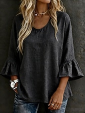  Damen Hemd Bluse Einfarbig Elegant Lässig Dreiviertelarm Glockenärmel Rundhalsausschnitt Normale Oberteile Lässig Weiß Gelb Himmelblau Violett Dunkelgray Sommer Frühling