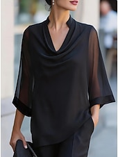  Women's Shirt Blouse Patchwork Solid Color Elegant Streetwear Daily 3/4 Length Sleeve V Neck Regular Tops Casual claret Black Navy Blue Apricot Summer Spring