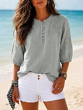economico Bluse Semplici-Per donna 100% cotone Camicia button-down Tessuto Ricamato Bottoni Vintage Scollo a V Top lunghi Casuale giallo verde Rosa Blu reale Viola Estate Primavera
