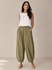 baratos Coleção de Linho Premium-Calça lanterna feminina de linho orgânico com cintura elástica e bolsos.