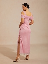 Pentru femei Rochie Maxi Rochie teacă Elegant Invitat la nunta Petrecere cu cocktail Zdrobit Bufantă Sparkle Tulle Fit regulat Culoare solidă Fără manșon Cu Bretele umăr rece Roz Îmbujorat