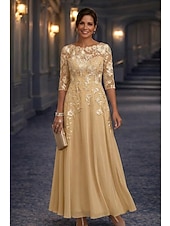 preiswerte Bodenlänge-A-Linie Bodenlang Spitzenkleid Brautmutterkleid Langarm Rundhalsausschnitt Illusionsausschnitt Elegant Vintage Formell Hochzeitsgast Hochzeitsfeier Chiffon Spitze mit Blumenmuster 3D-Blumen Stickerei