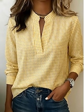  Schwarze und weiße Damenbluse mit Mini-Gingham-Karo, Stehkragen, halber Knopfleiste, langen Ärmeln und lockerem Schnitt für Freizeit und Beruf