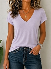 abordables Plain tee-Women's Oversized T Shirt Tee Top Solid Color Elegant Stylish Short Sleeve V Neck Regular Tops Casual Daily Black White Pink Purple Apricot Summer Spring