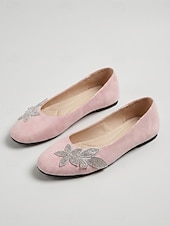 cheap Women's Flats-Women's Rose Pink Floral Ballet Flats – Round Toe Slip-On Shoes with Soft Cushioned Insole, Lightweight Flexible Sole and Rhinestone Flower Accent for Travel, Church and Everyday Wear