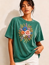 baratos Camiseta de Arte &amp; Design-Camisa Feminina Bordada 100% Algodão T-shirt Gráfica Floral Vintage Clássica Casual com Mangas Curtas Gola Redonda Têxteis Regulares Casuais Diários de Fim de Semana Azul Rosa Verde Verão Primavera