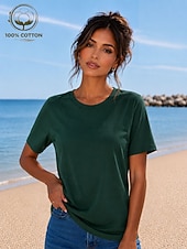 cheap Plain tee-Women's T Shirt Summer Tops Cotton Shirt Tee Top Solid Color Fashion Stylish Basic Short Sleeve Crew Neck Round Neck Regular Tops Casual Daily Beach Blue Khaki Indigo Green with beige Black Summer