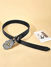 cheap Men's Belts-Men's Western Cowboy Belt, Vintage Embossed Faux Leather Belt for Men, Adjustable Length Country Style Waistband with Large Bull Skull Buckle, Retro Rodeo Jeans Accessory, Black Brown Colors