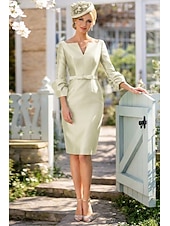 cheap Cocktail Dresses-Sheath Column Knee Length Cocktail Dresses Party Dresses Elegant Minimalist 3/4 Length Sleeve V Neck Formal Wedding Guest Satin with Sash / Ribbon Pure Color
