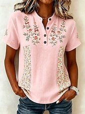 abordables Blusas Florales-Mujer Camisa Botones Estampado Floral Graphic Vintage Elegante Manga Corta Escote en Pico Tops regulares Casual Diario Festivos Blanco Amarillo Rosa Verano Primavera