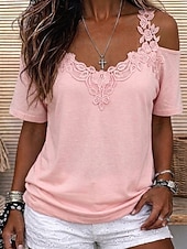  Women's Lace Tops Patchwork Plain Vintage Stylish Sexy Short Sleeve V Neck Regular Tops Casual Daily Going out White Black Pink Sky Blue Fall Winter