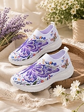 baratos Ténis de mulher-Tênis slip-on feminino roxo vibrante com estampa de borboletas - calçado esportivo leve com plataforma e detalhes em strass. &amp;Tênis casual de malha respirável, ideal para caminhadas leves e passeios
