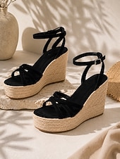 abordables Sandalias de cuña-Sandalias de cuña tipo alpargata para mujer, sandalias de plataforma con tiras y hebilla en el tobillo, zapatos bohemios de verano para la playa, cruceros y vestidos.