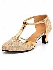 economico Scarpe da ballo di sala e danza moderna-Scarpe da ballo latino da donna con cinturino a T e glitter dorati, scarpe con tacco basso per balli da sala, salsa e tango.