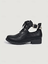 voordelige Botas de combate-Women's Black Cutout Low Heel Combat Boots – Lace-Up Ankle Boots with Adjustable Side Buckle and Durable Non-Slip Sole for Travel and Casual Wear
