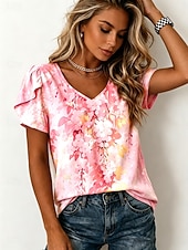 abordables Floral Blouses-Women's Blouse Print Floral Graphic Vintage Daily Stylish Short Sleeve V Neck Regular Tops Casual Daily Yellow Pink Green Summer Spring