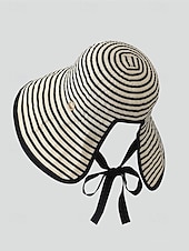 cheap Women's Hats-Women's Striped Foldable Sun Hat, Wide Brim Polyester Beach Hat for Women, Packable Summer Travel Vacation Cap, Elegant UV Protection Hat