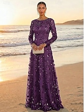 cheap Floor Length-A-Line Dress Floor Length Party Dress Cocktail Dress Mother of the Bride Dress Long Sleeve Crew Neck Elegant Vintage Luxurious Formal Wedding Guest Engagement Party Lace Tulle with 3D Flowers Pleats