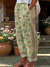  Damen Hose in Leinenoptik Weites Bein Freizeithose Sommerhose Urlaub Mode Streetwear Volle Länge Mittlere Taille Blumen Grafik Tasche Elastischer Bund Druck Bequem Komfort Atmungsaktivität Unelastisch