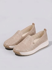 billiga Damsneakers-Women's Beige Perforated Slip-On Walking Shoes with Breathable Hollow-Out Upper - Lightweight Comfort Shoes for Travel, Vacation, Shopping, Daily Walking and Everyday Wear