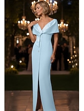 abordables Vestidos de noche ajustados-Funda Columna Hasta el Suelo Vestido formal Vestido de noche Vestidos de noche Elegante Estilo de Celebridad Manga Corta Hombros Caídos Fiesta de Noche Boda con Botones Abertura Chal