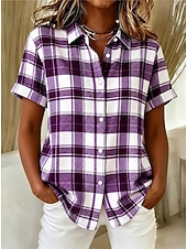 abordables Blusas a rayas y geométricas-Mujer Camisa Botones Estampado Graphic Plaid A Rayas Vintage Diario Elegante Manga Corta Cuello Camisero Tops largos Casual Diario Azul Piscina Blanco Rosa Morado Naranja Verano Primavera