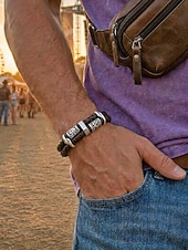economico Gioielli da uomo-Bracciale da uomo vichingo intrecciato in similpelle e lega, bracciale con rune nordiche multicolore per abbigliamento casual, stile biker, moda outdoor, regalo per lui