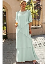 economico Lunghezza del pavimento-Linea ad A Lunghezza al pavimento Abito da invitata a nozze Abito Formale Abito a Strati Abito da cerimonia per signora Mezza Manica Girocollo Elegante Formale Ospite di nozze Chiffon con Volant