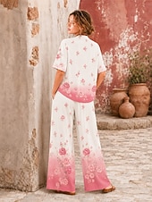  Mujer Camisa Conjuntos de lino y algodón Conjuntos de pantalones Manga Corta Escote en Pico Floral Graphic Geométrico Estampado Vacaciones Moda Ropa de calle Casual Diario Exterior Blanco Rosa