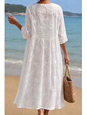  Femmes Robe Midi Robe en Dentelle Robe Blanche Robe d'été Élégant Mode Plage Vacances Fête Coupe Ample Fleuri Demi Manches Col ras du cou Blanche Été Printemps