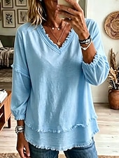  Dam Skjorta Boho skjorta Spetsskjorta Frans Ensfärgat Slät bohemliv Semester Dagligen Långärmad V-hals Långa toppar Ledigt Blå Vit Kaki Purpur Sommar Vår Höst