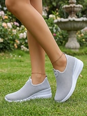 abordables Zapatillas de mujer-Zapatillas de mujer grises transpirables de malla, sin cordones, para caminar: zapatillas ligeras con cuña para viajar, pasear en verano y para uso casual.
