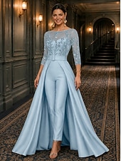 economico Tute della mamma-Tuta Completo Pantalone Lunghezza alla caviglia Abito da cerimonia per signora Manica 3/4 Scollo a Barca Elegante Formale Ospite di nozze Semi-Formale Pizzo Crepe Elasticizzato con Perline Paillettes